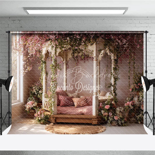 Lofaris Ornate Gazebo Photography Backdrop with Pink Cherry Blossoms and Lush Green Vines Romantic Spring Garden Floral Decor