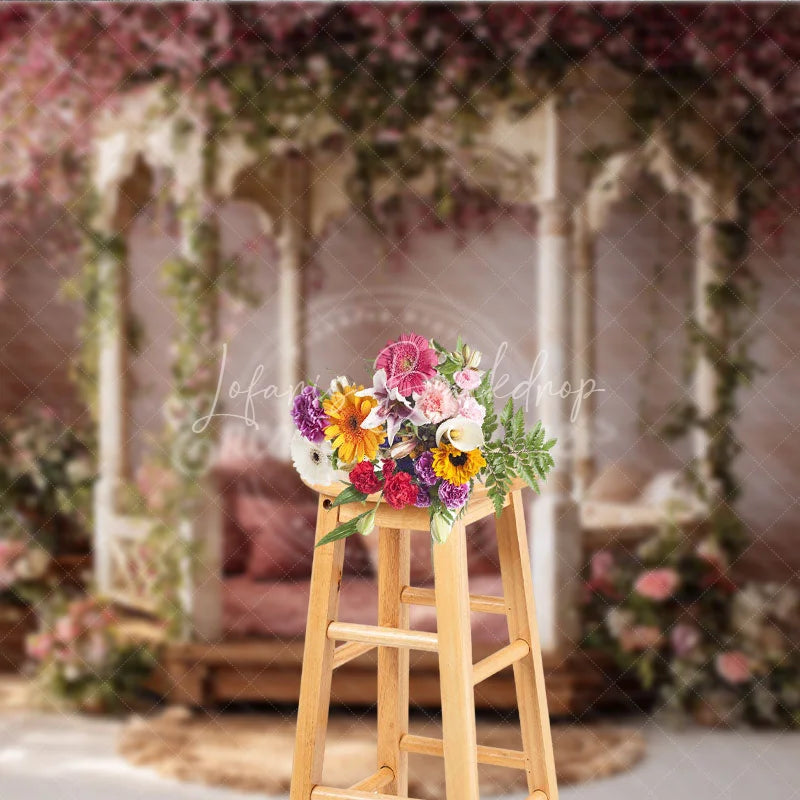 Lofaris Ornate Gazebo Photography Backdrop with Pink Cherry Blossoms and Lush Green Vines Romantic Spring Garden Floral Decor