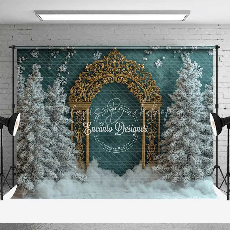 Lofaris Ornate Gold Arch Christmas Backdrop Winter Green Wall Snowy Tree Photography Background