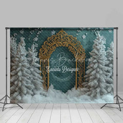 Lofaris Ornate Gold Arch Christmas Backdrop Winter Green Wall Snowy Tree Photography Background