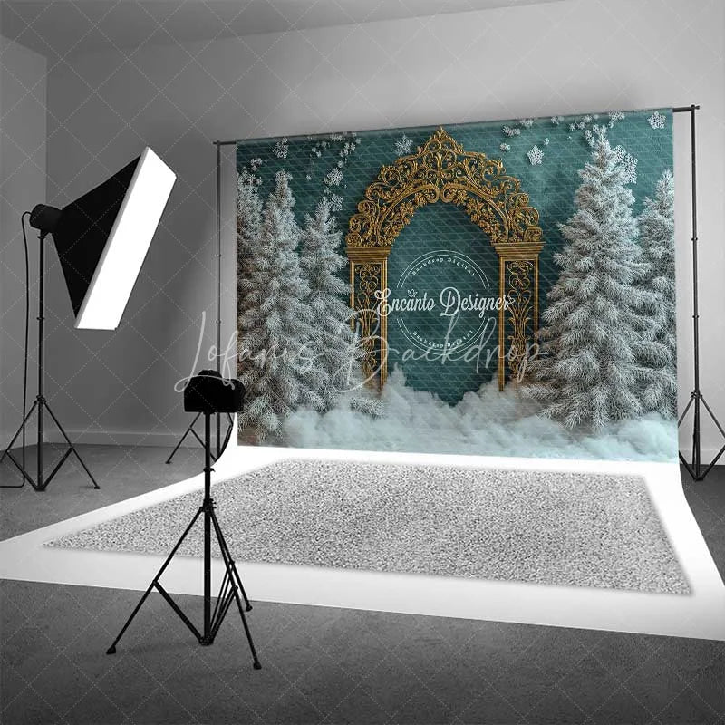 Lofaris Ornate Gold Arch Christmas Backdrop Winter Green Wall Snowy Tree Photography Background