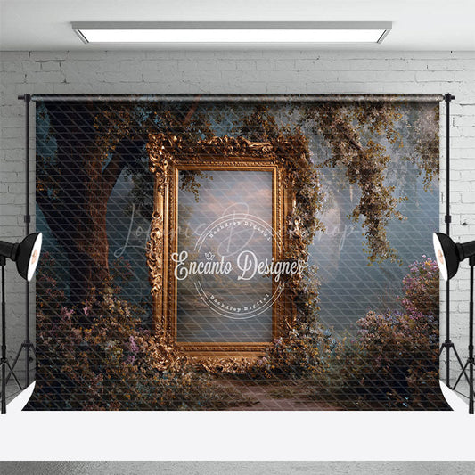 Lofaris Ornate Gold Frame in Enchanted Forest Photography Backdrop Misty Magical Woods Fairytale Wedding Background