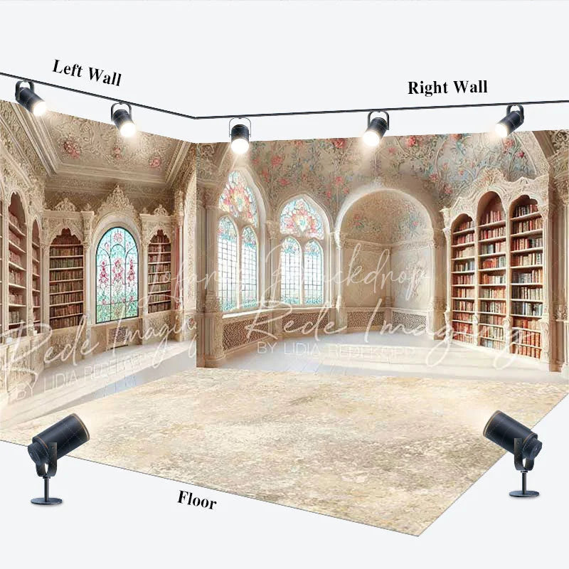Lofaris Ornate Vintage Library Room Set Backdrop Elegant Arched Windows and Bookshelves Photo Background