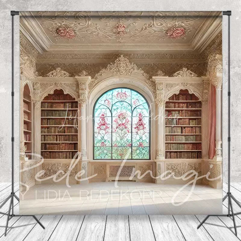 Lofaris Ornate Vintage Library Room Set Backdrop Elegant Arched Windows and Bookshelves Photo Background