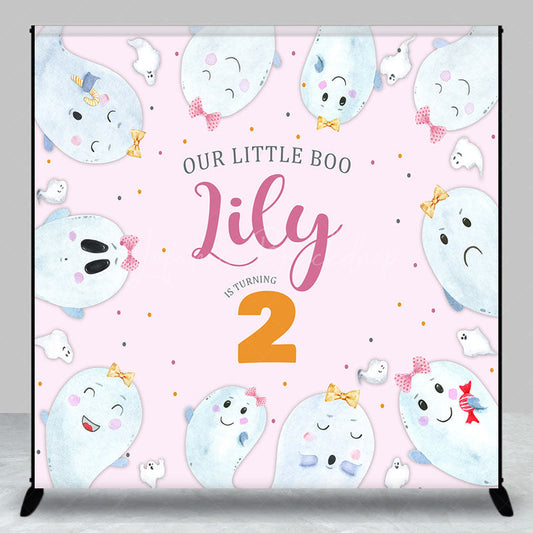 Lofaris Our Little Boo is Turning Two Custom Backdrop Cute Ghost Second Birthday Pink Halloween Themed Party Banner