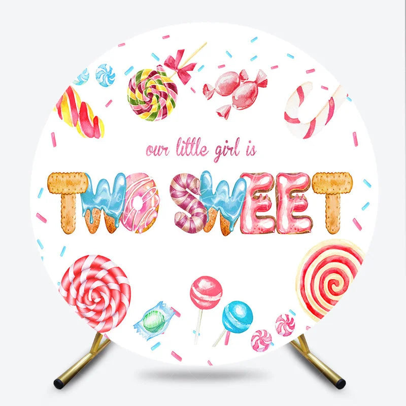 Lofaris Our Little Girl is Two Sweet Round Backdrop 2nd Birthday Candyland Theme Donut and Lollipop Party Decor