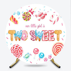 Lofaris Our Little Girl is Two Sweet Round Backdrop 2nd Birthday Candyland Theme Donut and Lollipop Party Decor