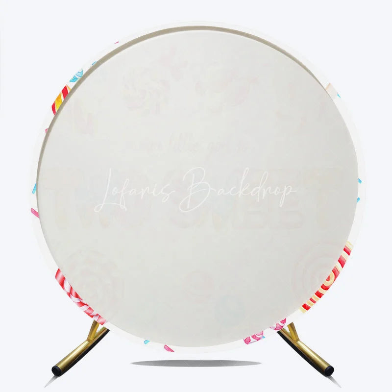 Lofaris Our Little Girl is Two Sweet Round Backdrop 2nd Birthday Candyland Theme Donut and Lollipop Party Decor