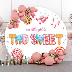 Lofaris Our Little Girl is Two Sweet Round Backdrop 2nd Birthday Candyland Theme Donut and Lollipop Party Decor