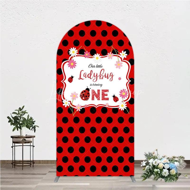 Lofaris Our Little Ladybug is Turning One Arch Backdrop Red and Black Polka Dot First Birthday Cute Insect Party Decor