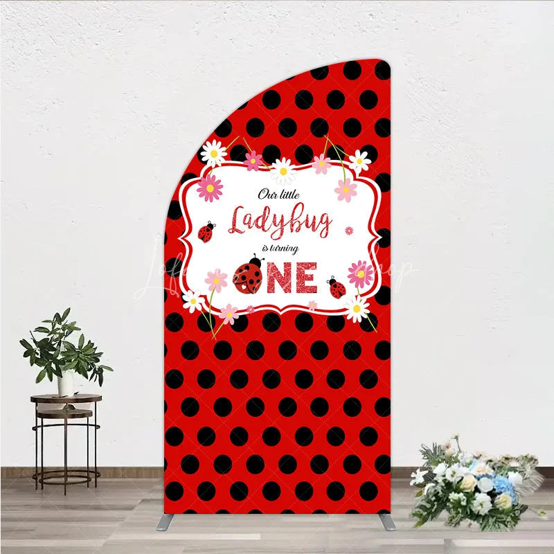 Lofaris Our Little Ladybug is Turning One Half Moon Arch Backdrop Red and Black Polka Dot First Birthday Cute Insect Party Decor