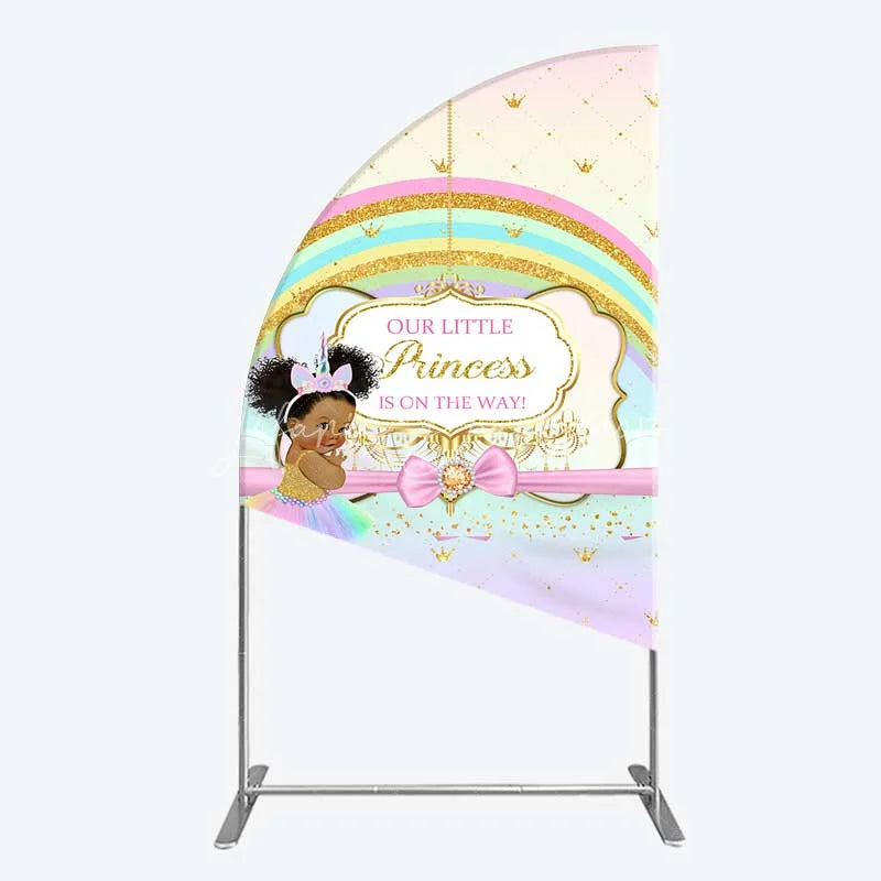 Lofaris Our Little Princess Baby Shower Half Moon Arch Backdrop Rainbow and Gold Crowns Pink Background African American Girl Party Decor
