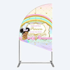 Lofaris Our Little Princess Baby Shower Half Moon Arch Backdrop Rainbow and Gold Crowns Pink Background African American Girl Party Decor