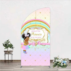 Lofaris Our Little Princess Baby Shower Half Moon Arch Backdrop Rainbow and Gold Crowns Pink Background African American Girl Party Decor