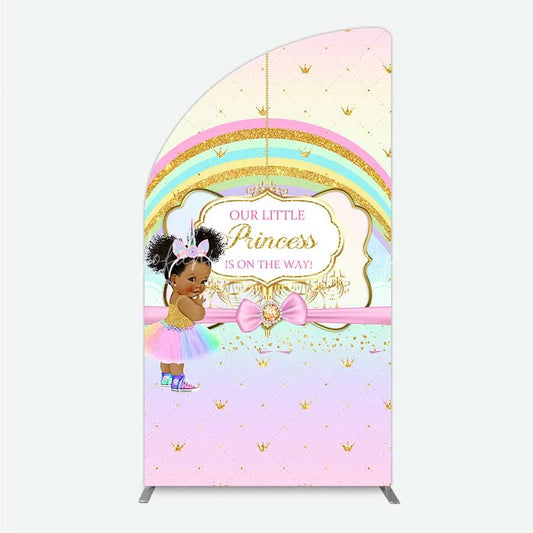 Lofaris Our Little Princess Baby Shower Half Moon Arch Backdrop Rainbow and Gold Crowns Pink Background African American Girl Party Decor