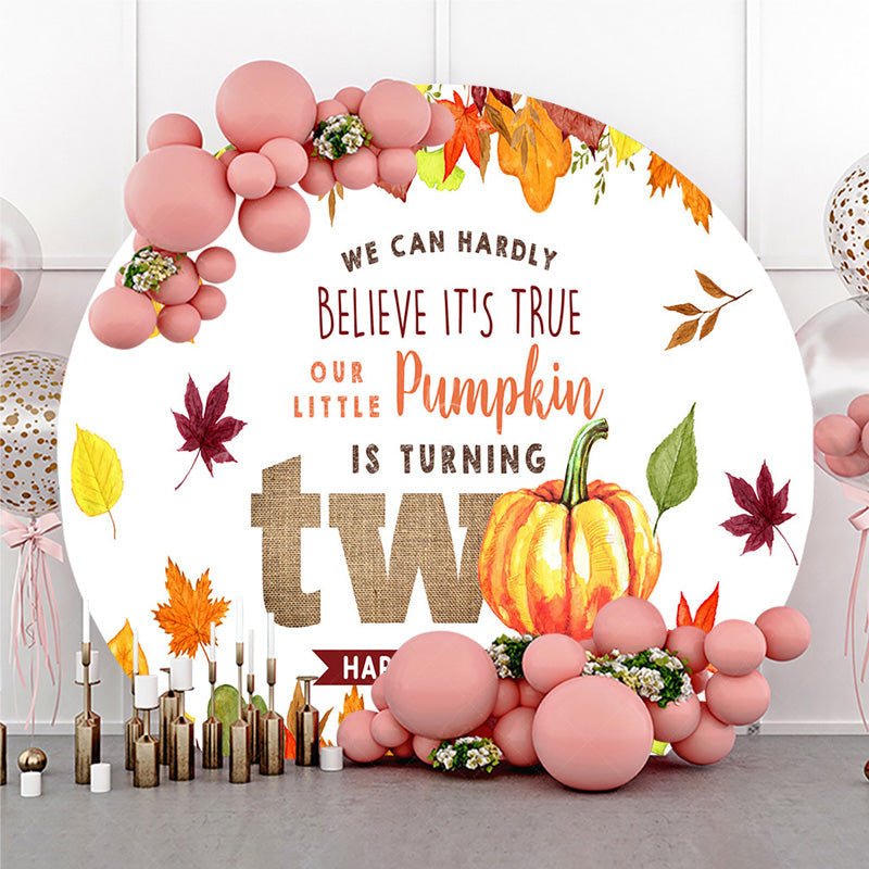 Lofaris Our Little Pumpkin is Turning Two Birthday Round Backdrop Autumn Leaves and Pumpkins Fall Bday Party Photo Prop