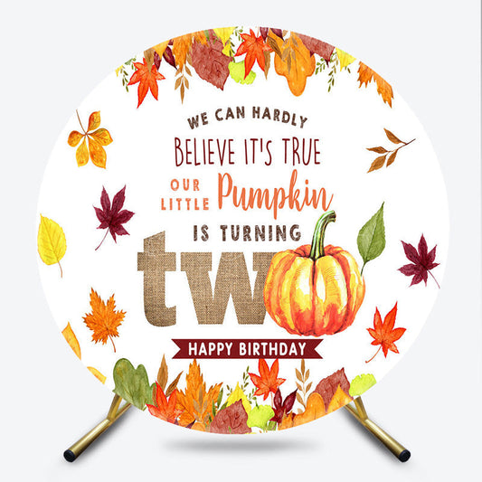 Lofaris Our Little Pumpkin is Turning Two Birthday Round Backdrop Autumn Leaves and Pumpkins Fall Bday Party Photo Prop