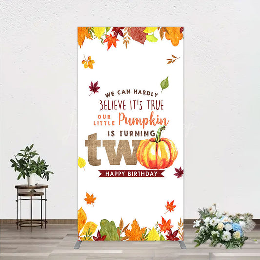 Lofaris Our Little Pumpkin is Turning Two Rectangle Backdrop Fall Autumn Leaves 2nd Birthday Rustic Party Photo Booth Decor