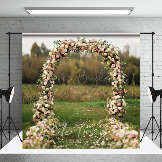 Lofaris Outdoor Floral Arch Grassland Wedding Photo Backdrop