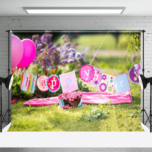Lofaris Outdoor Grass Floral Birthday Cake Smash Backdrop