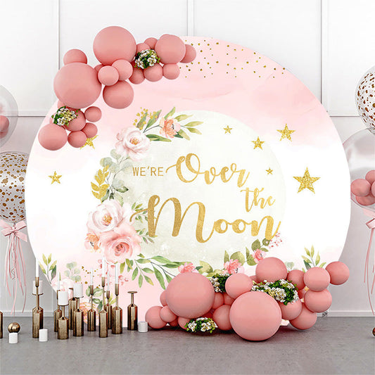 Lofaris Over The Moon Pink Gold Stars Floral Round Backdrop