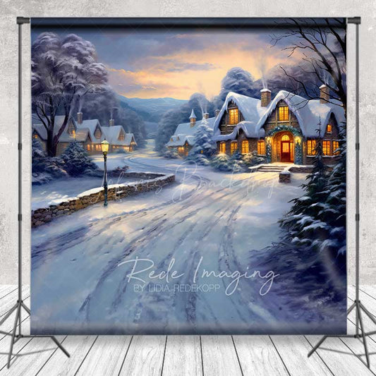 Lofaris Painted Christmas Village Photography Backdrop Snowy Cottages at Sunset Winter Wonderland Holiday Photo Prop