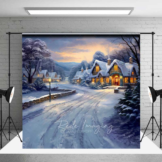 Lofaris Painted Christmas Village Photography Backdrop Snowy Cottages at Sunset Winter Wonderland Holiday Photo Prop