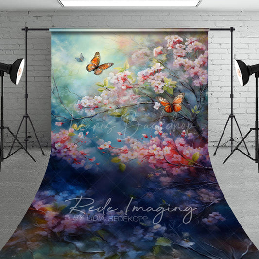 Lofaris Painted Pink Blossoms Butterfly Floral Sweep Backdrop