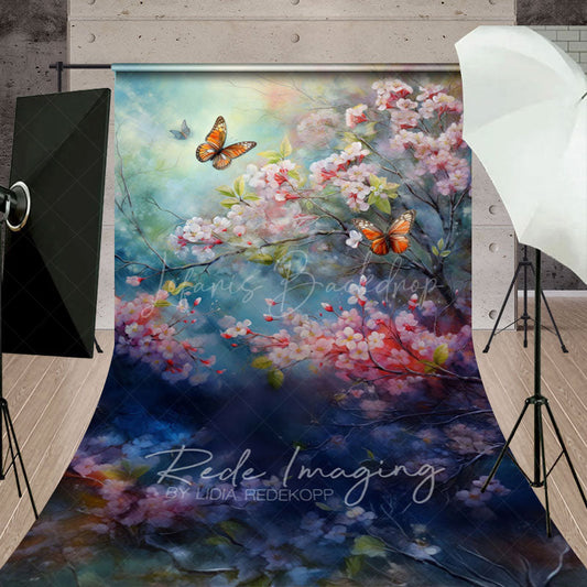 Lofaris Painted Pink Blossoms Butterfly Floral Sweep Backdrop