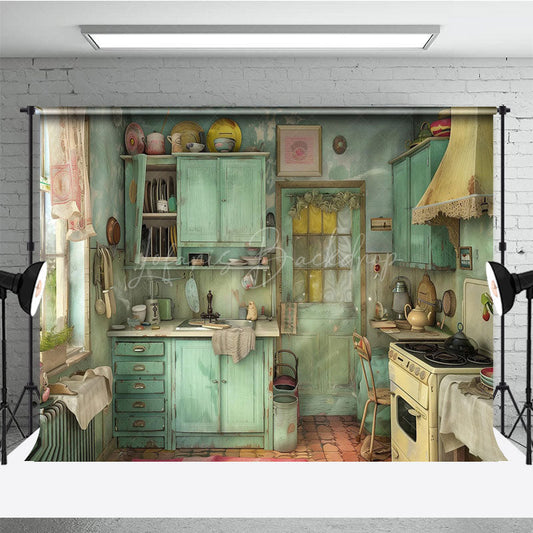 Lofaris Painted Rural Green Retro Kitchen Photo Backdrop