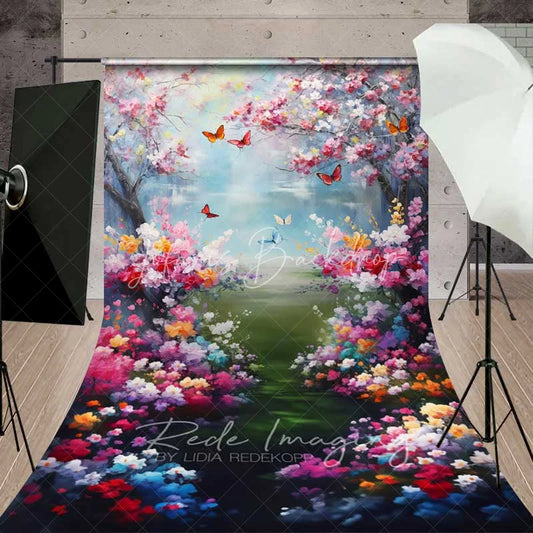 Lofaris Painterly Spring Cherry Blossom Backdrop Vibrant Colorful Flowers Butterflies Lake Photography Background