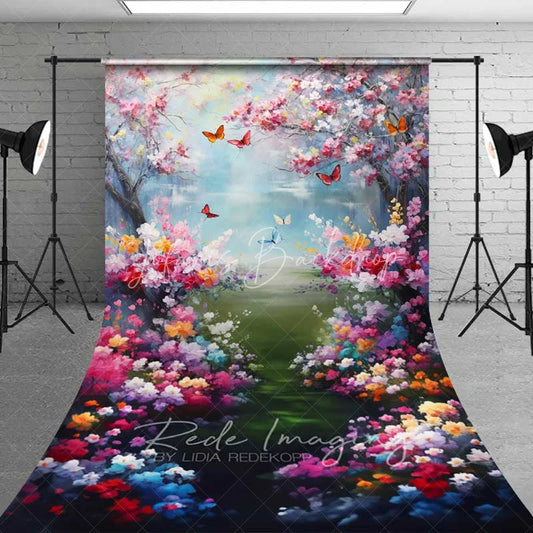 Lofaris Painterly Spring Cherry Blossom Backdrop Vibrant Colorful Flowers Butterflies Lake Photography Background