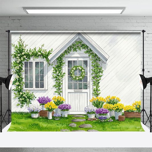 Lofaris Painting Spring White House Greenery Photo Backdrop