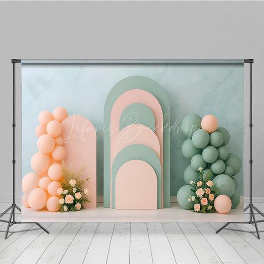 Lofaris Pastel Arch Panels Cake Smash Backdrop Pink and Sage Green Balloons Modern First Birthday Photography Prop
