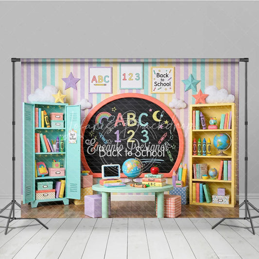 Lofaris Pastel Back to School Classroom Photography Backdrop with Chalkboard Books Crayons for Kids’ Learning Theme