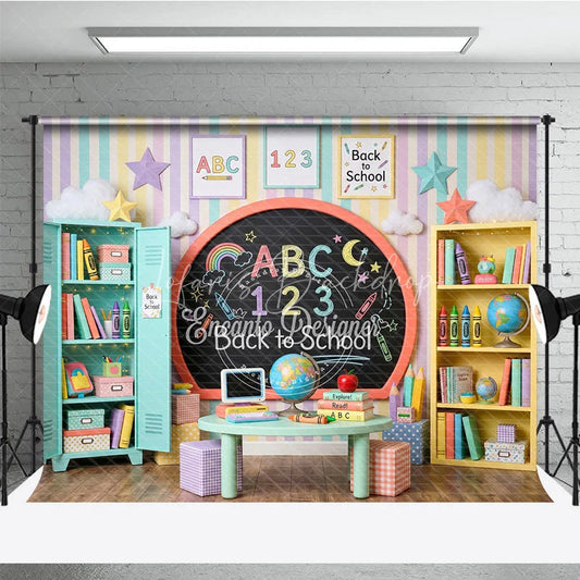Lofaris Pastel Back to School Classroom Photography Backdrop with Chalkboard Books Crayons for Kids’ Learning Theme