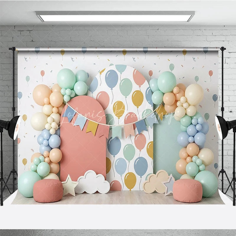 Lofaris Pastel Balloon and Bunting Banner Photography Backdrop Arched Panels for Baby Shower or Birthday Party Decor