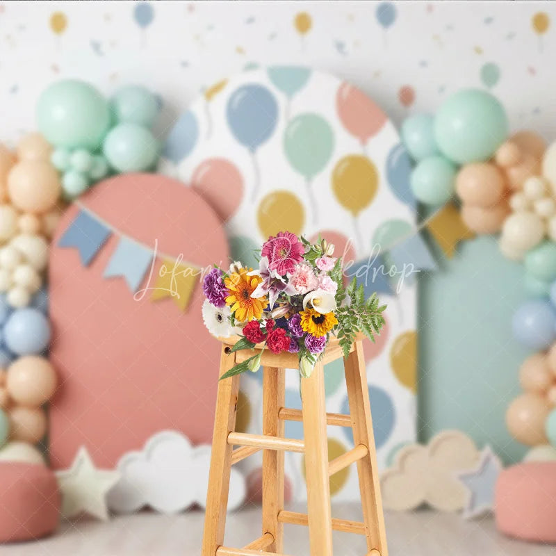 Lofaris Pastel Balloon and Bunting Banner Photography Backdrop Arched Panels for Baby Shower or Birthday Party Decor