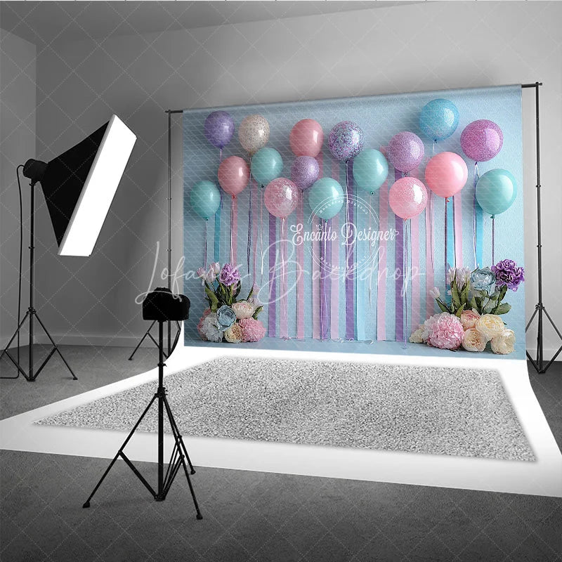 Lofaris Pastel Balloon and Streamer Photography Backdrop Pink Blue Purple for Wedding or Birthday Party Photo Booth
