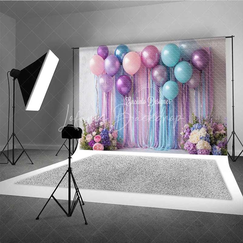 Lofaris Pastel Balloon and Streamer Photography Backdrop Purple Pink Blue for Wedding or Birthday Party Photo Booth