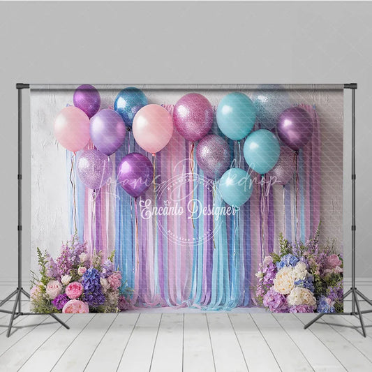 Lofaris Pastel Balloon and Streamer Photography Backdrop Purple Pink Blue for Wedding or Birthday Party Photo Booth