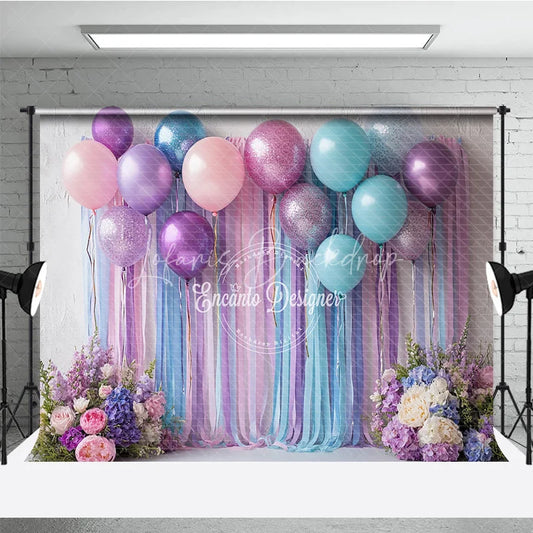 Lofaris Pastel Balloon and Streamer Photography Backdrop Purple Pink Blue for Wedding or Birthday Party Photo Booth