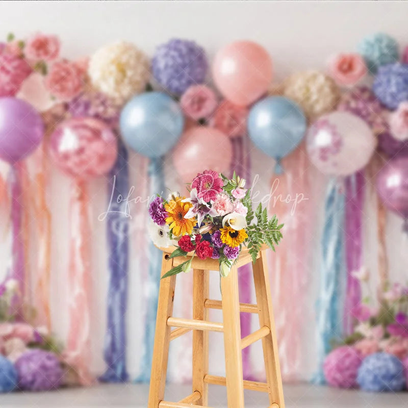 Lofaris Pastel Balloons and Floral Backdrop Pink Purple Blue Flower Wall Banner Birthday Party Bridal Shower Photo Booth