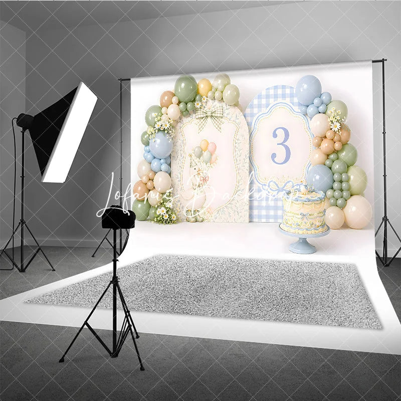 Lofaris Pastel Blue Green Beige Goose and Number 3 Photography Backdrop Whimsical Third Birthday Party Decor
