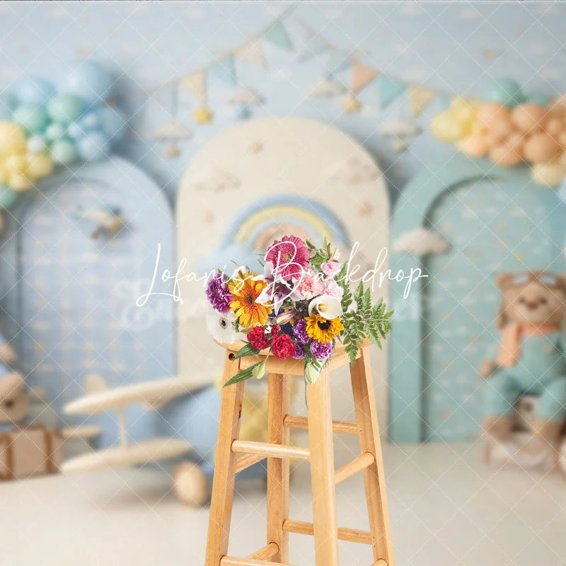 Lofaris Pastel Blue Hot Air Balloon and Airplane Photography Backdrop with Teddy Bear Rainbow Clouds for Birthday