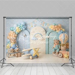 Lofaris Pastel Blue Hot Air Balloon and Airplane Photography Backdrop with Teddy Bear Rainbow Clouds for Birthday