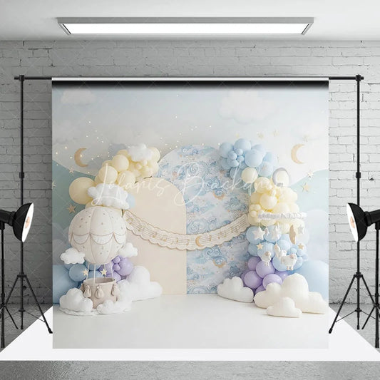 Lofaris Pastel Blue Sky Hot Air Balloon Photography Backdrop Dreamy Clouds Stars Moon Baby Shower Birthday Party Decor