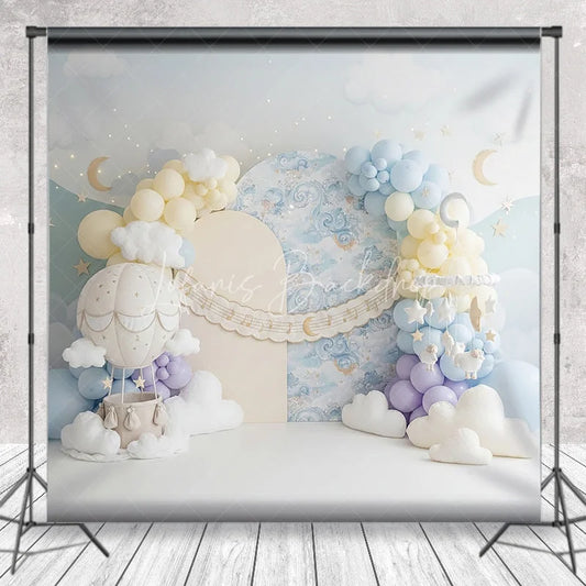 Lofaris Pastel Blue Sky Hot Air Balloon Photography Backdrop Dreamy Clouds Stars Moon Baby Shower Birthday Party Decor