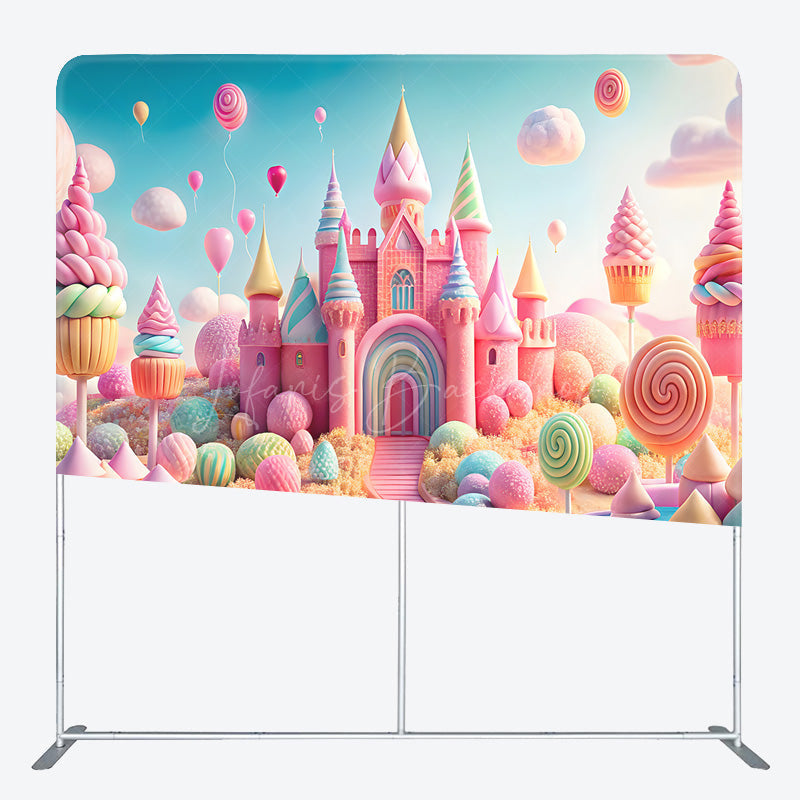 Lofaris Pastel Candyland Castle Tension Fabric Backdrop Sweet Shoppe with Lollipops Cupcakes Princess Birthday Party Photo Background