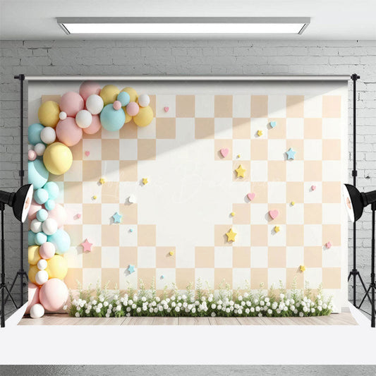 Lofaris Pastel Checkered Balloon Floral Cake Smash Backdrop